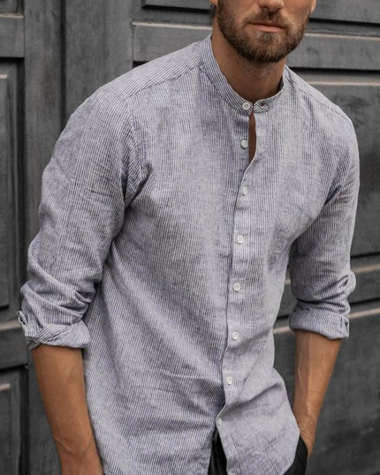 Men's loose sleeve cotton and linen shirt with stand collar HF0902-03-01