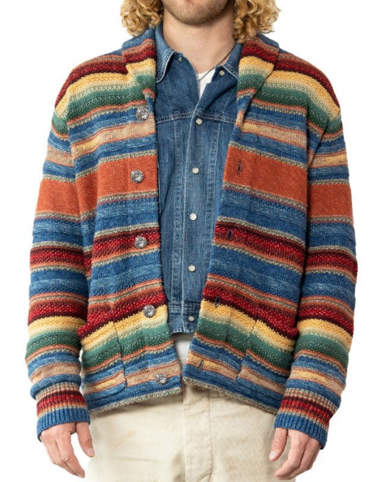 Men's Vintage Rainbow Colorblock Jacquard Lapel Cardigan 50270487Y