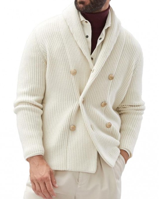 Men's Casual Solid Color Lapel Double Breasted Knitted Cardigan 94737821M