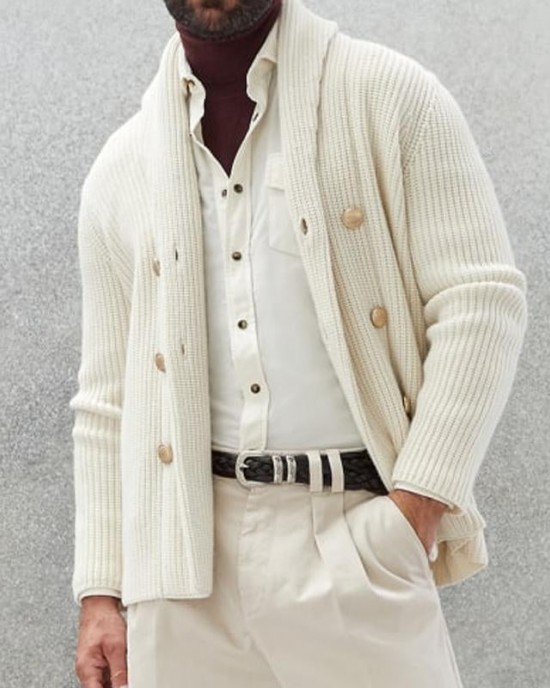 Men's Casual Solid Color Lapel Double Breasted Knitted Cardigan 94737821M