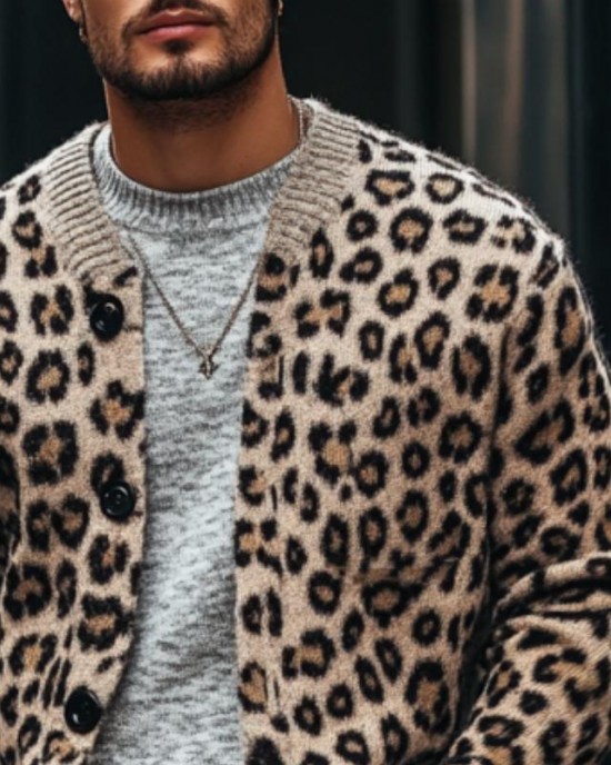 Men's Vintage Leopard Jacquard Colorblock Single Breasted Cardigan 96422693Y