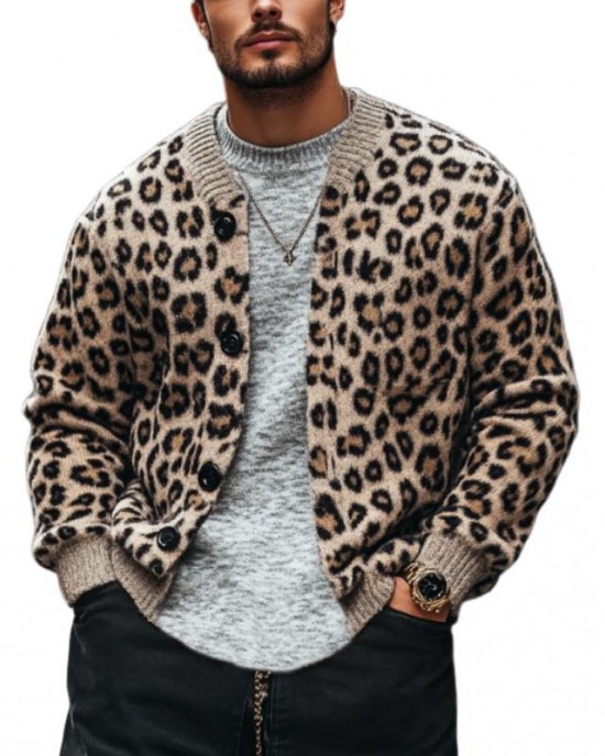 Men's Vintage Leopard Jacquard Colorblock Single Breasted Cardigan 96422693Y