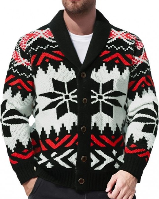 Men's Vintage Christmas Jacquard Lapel Single Breasted Knit Cardigan 66875790M