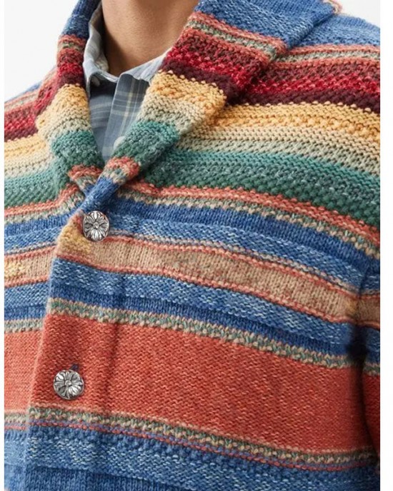 Men's Vintage Rainbow Colorblock Jacquard Lapel Cardigan 50270487Y