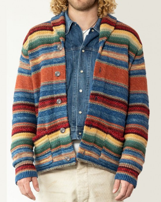 Men's Vintage Rainbow Colorblock Jacquard Lapel Cardigan 50270487Y