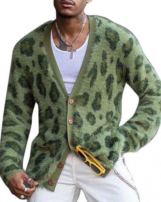 Men's Vintage Leopard V-Neck Single-Breasted Cardigan 03568715Y