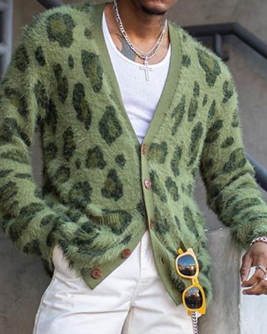 Men's Vintage Leopard V-Neck Single-Breasted Cardigan 03568715Y