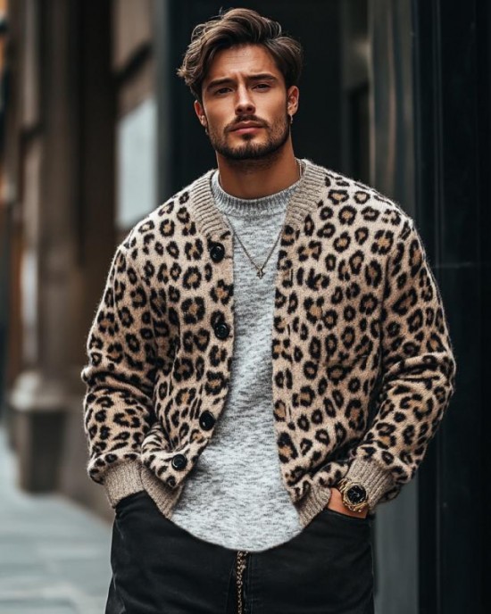 Men's Vintage Leopard Jacquard Colorblock Single Breasted Cardigan 96422693Y