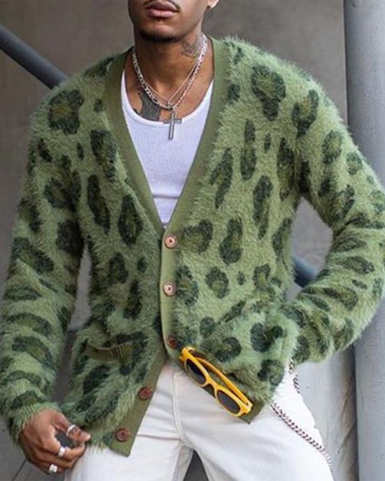 Men's Vintage Leopard V-Neck Single-Breasted Cardigan 03568715Y