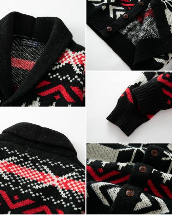 Men's Vintage Christmas Jacquard Lapel Single Breasted Knit Cardigan 66875790M