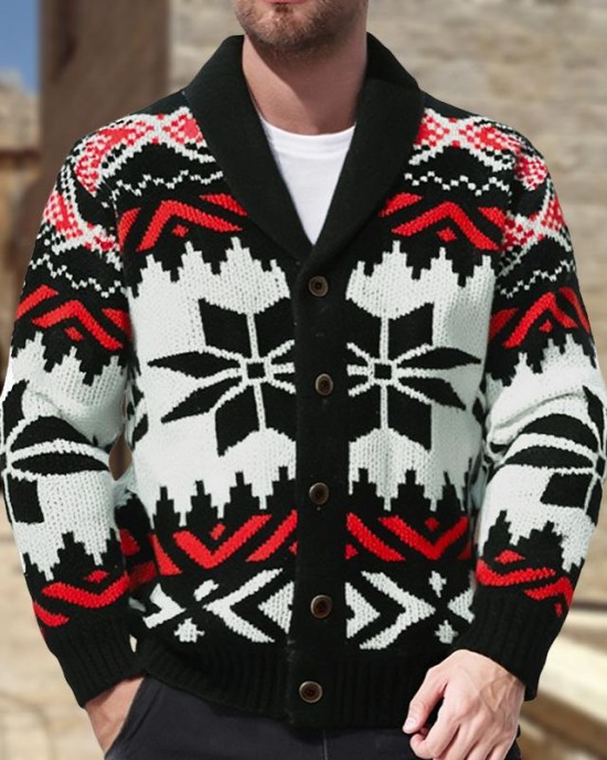Men's Vintage Christmas Jacquard Lapel Single Breasted Knit Cardigan 66875790M