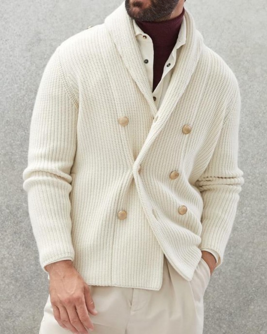 Men's Casual Solid Color Lapel Double Breasted Knitted Cardigan 94737821M